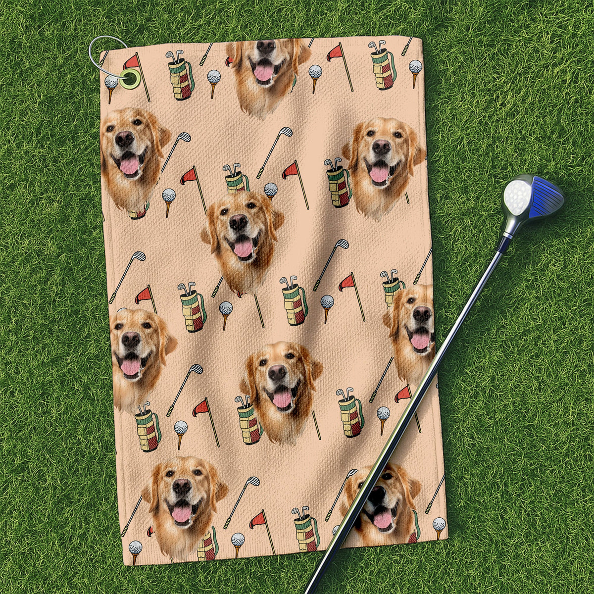 Beige Golf Towel With Custom Pet Portrait, Unique Gift For Golfer, Christmas Golf Gift, Golf Accessories