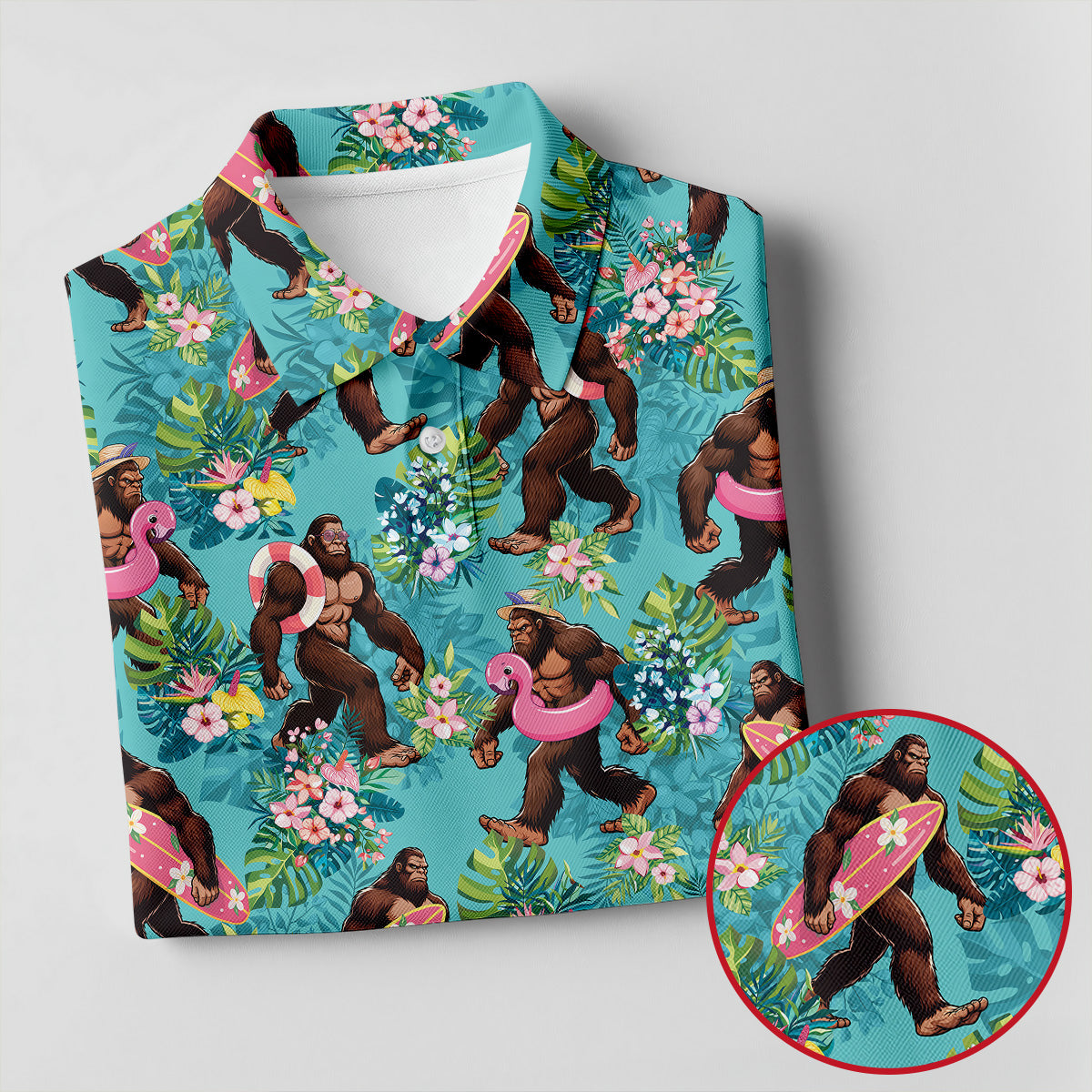 Aqua Blue Bigfoot Beach Party Hawaiian Golf Shirt, Women's Golf Tops, Ladies Golf Shirts
