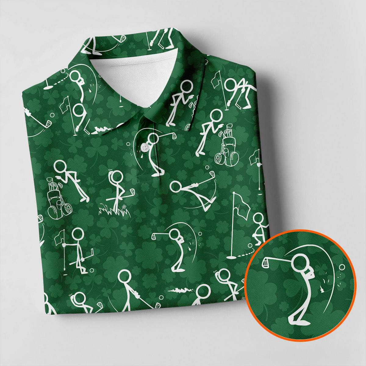 Stick Figure Golf Pose Shamrock Golf Shirt, St Patrick's Day Golf Tops For Men, Polo Shirts For Men
