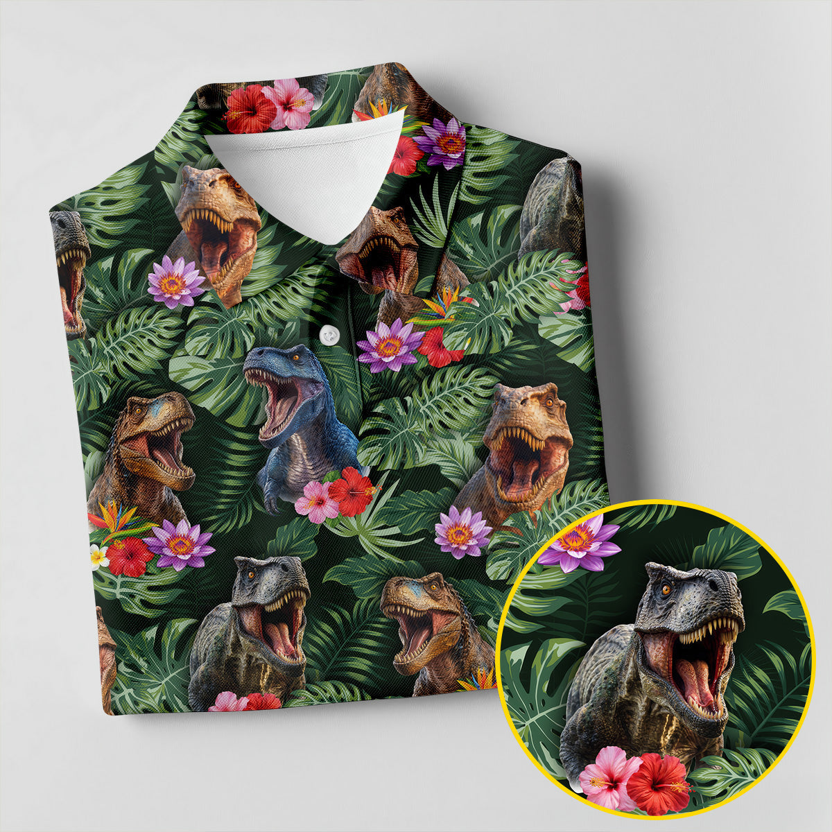 Tropical T Rex Floral Pattern Hawaiian Golf Polo, Golf Tops For Men, Golfing Apparel