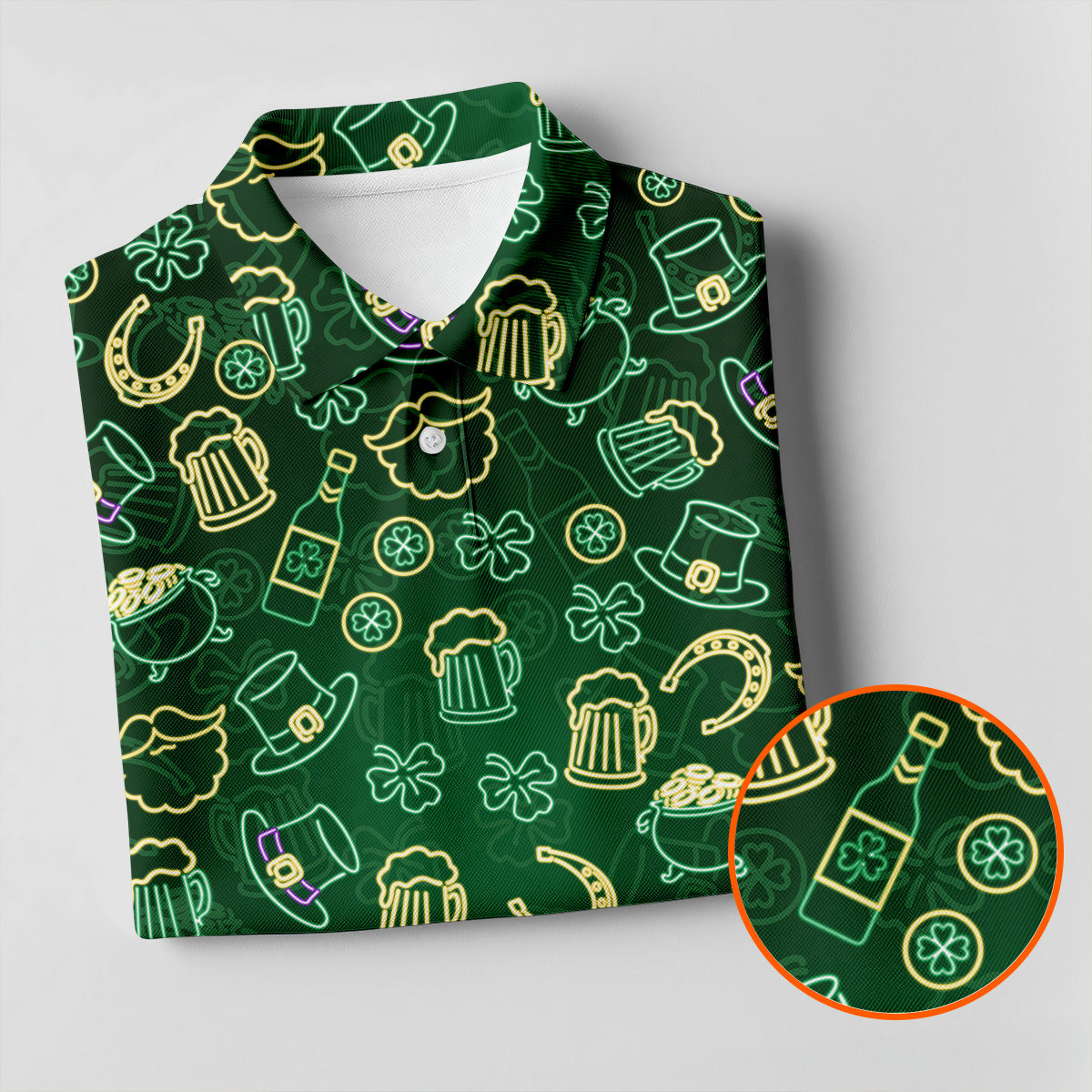 Beer Shamrock Neon Pattern St Patrick's Day Golf Shirt, Golf Tops For Men, Golf Shirts For Men