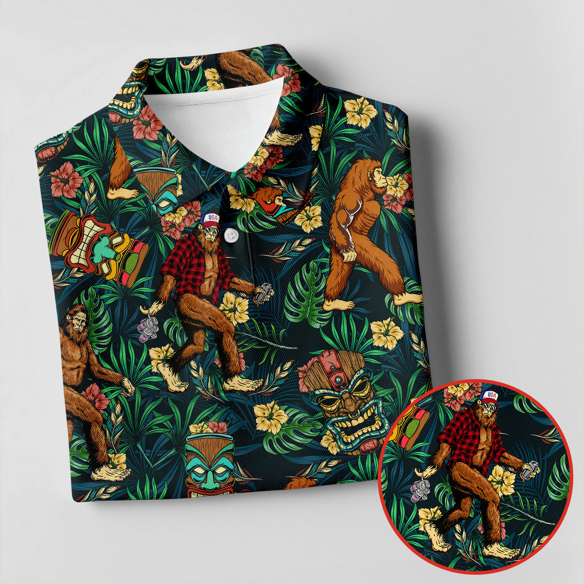 Bigfoot Tropical Tiki Resort Pattern Design Hawaiian Golf Polo, Golf Tops For Men, Golfing Apparel