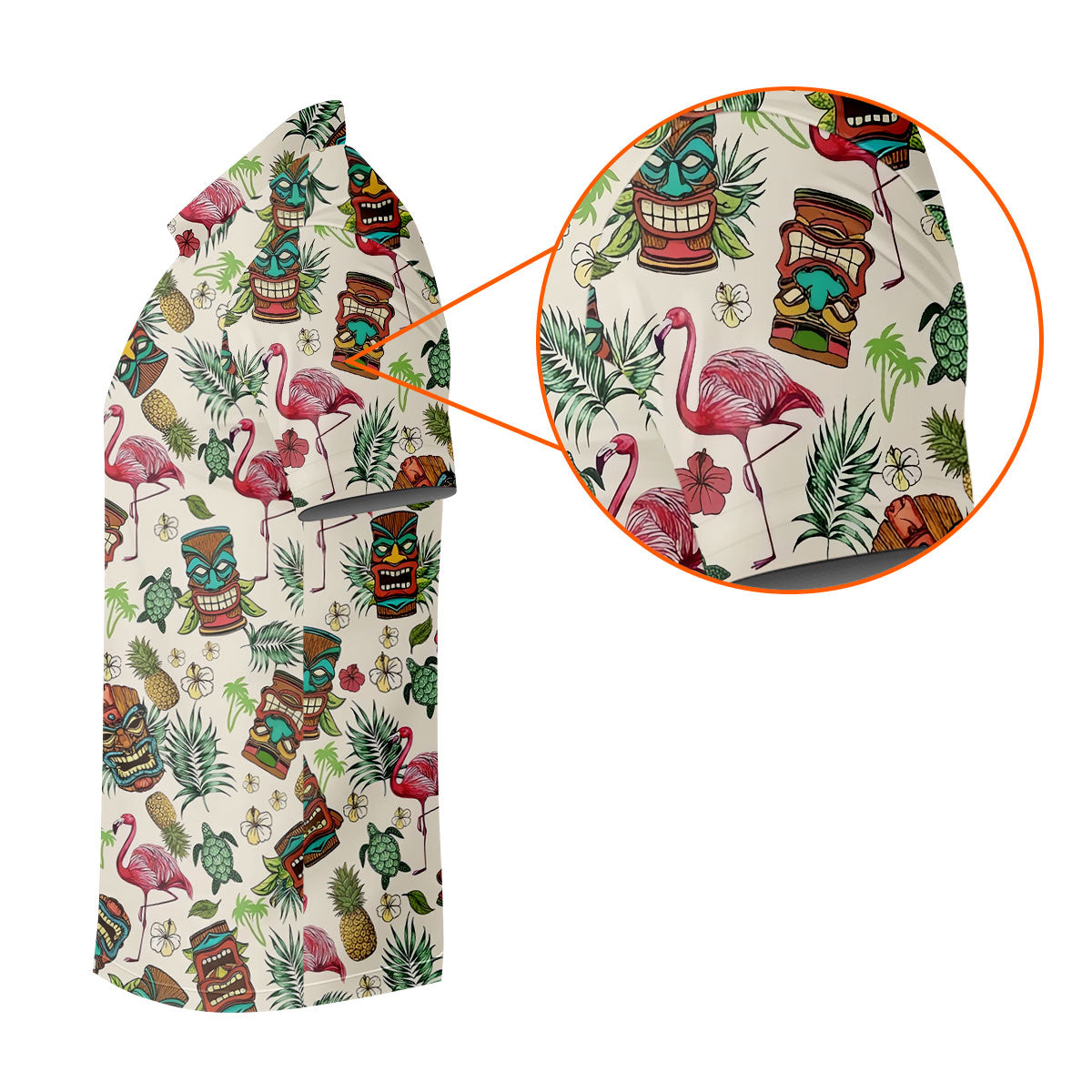 Tiki Masks, Flamingo and Island Paradise Pattern Design Hawaiian Golf Polo, Golf Tops For Men, Golfing Apparel