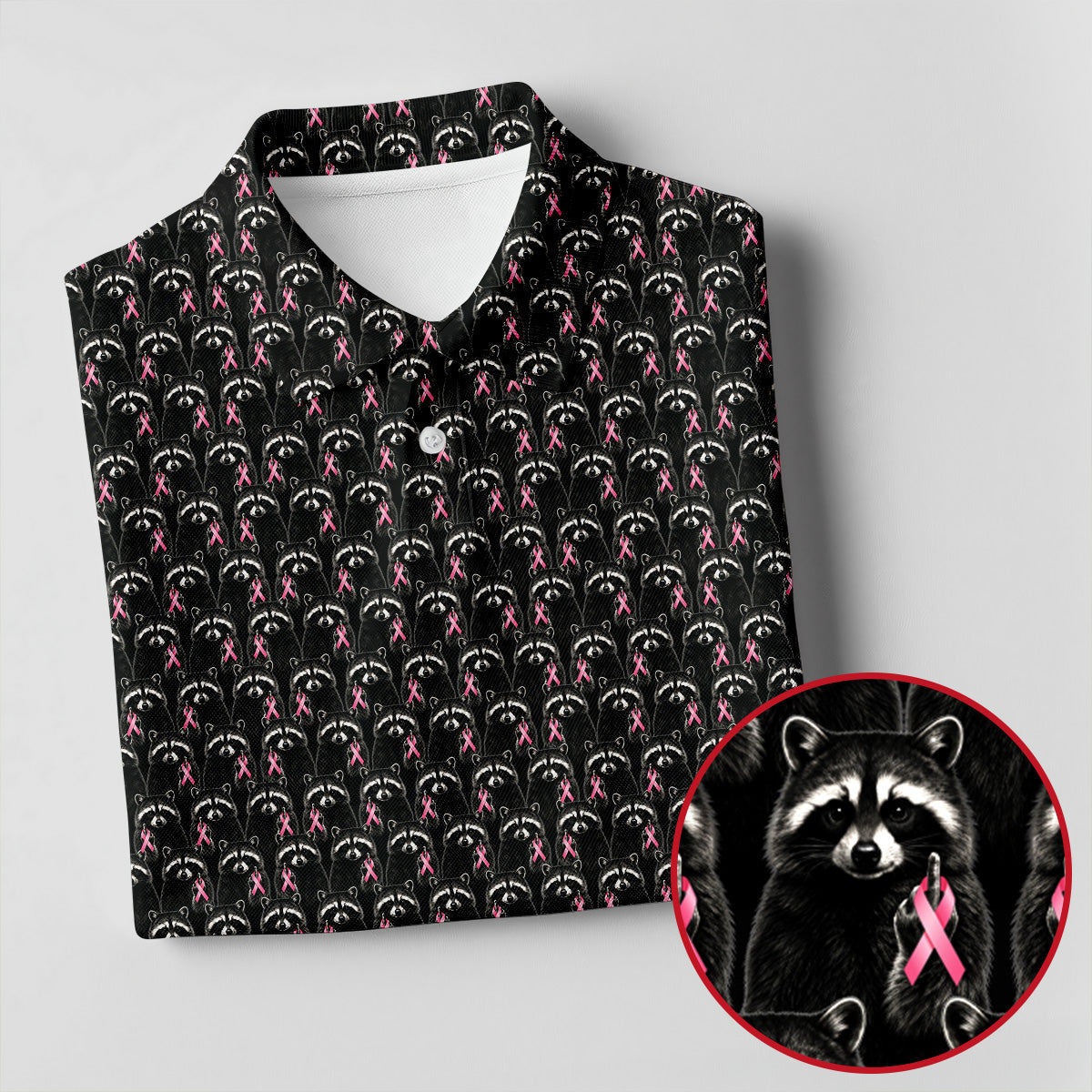Funny Raccoon Middle Finger Breast Cancer Polo Shirt, Mens Golf Shirts, Mens Polo Shirts