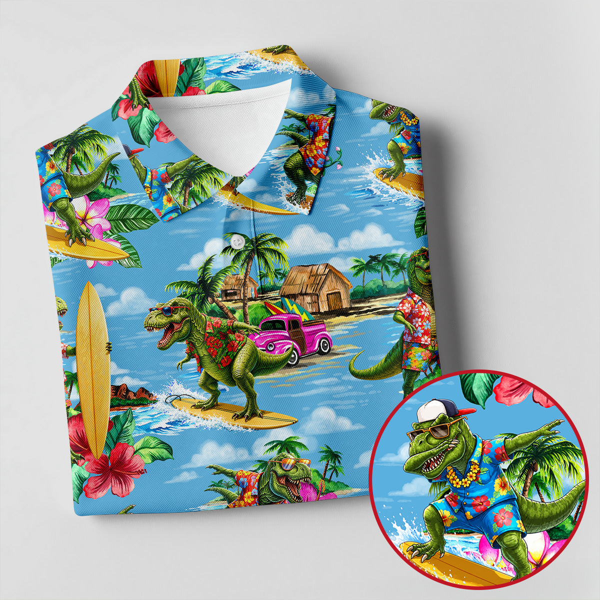 Hawaiian T Rex Surfboard Beach Hawaiian Golf Shirt, Mens Golf Polo, Printed Golf Shirts