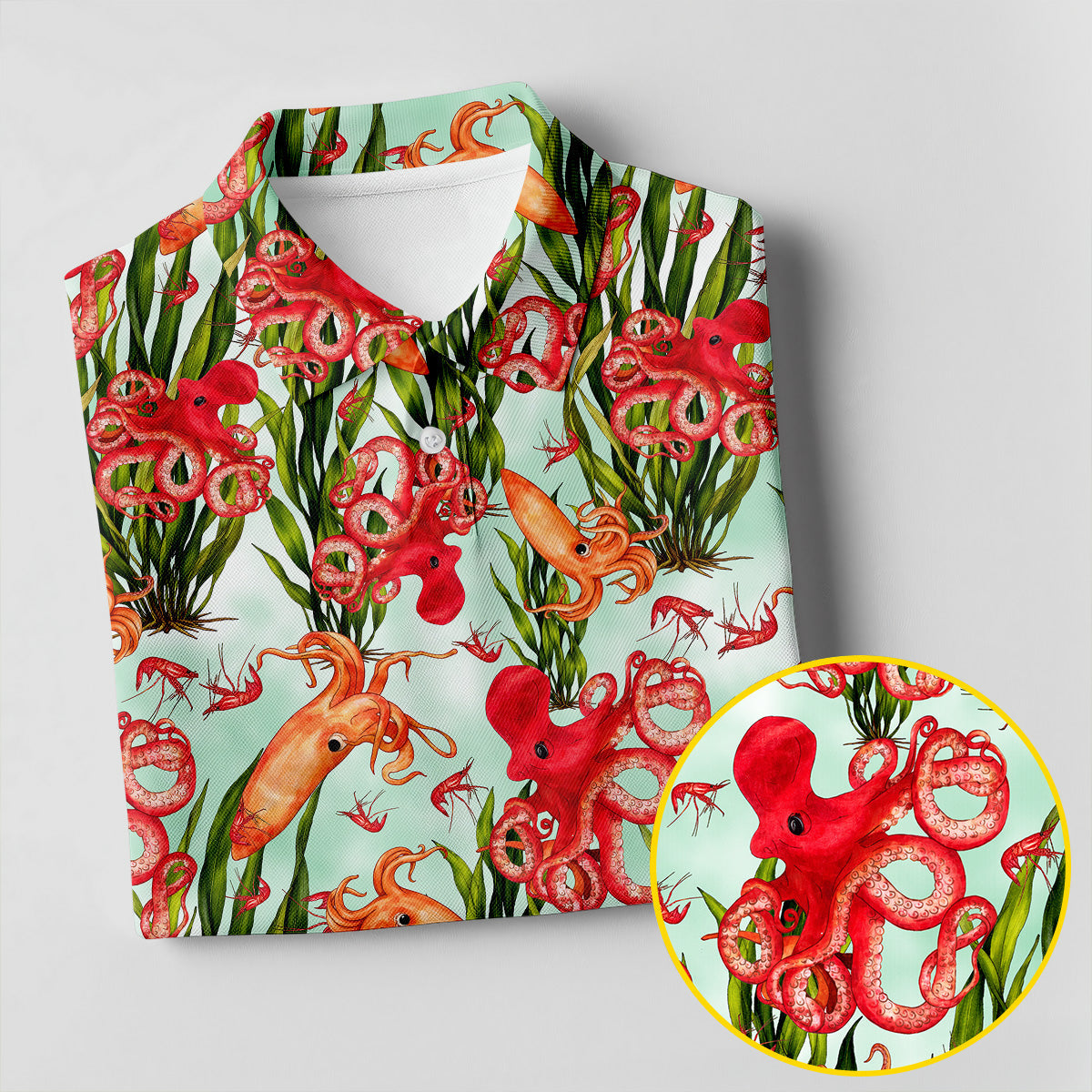 Tropical Cephalopods Among Seaweed  Hawaiian Golf Polo, Golf Tops For Men, Golfing Apparel