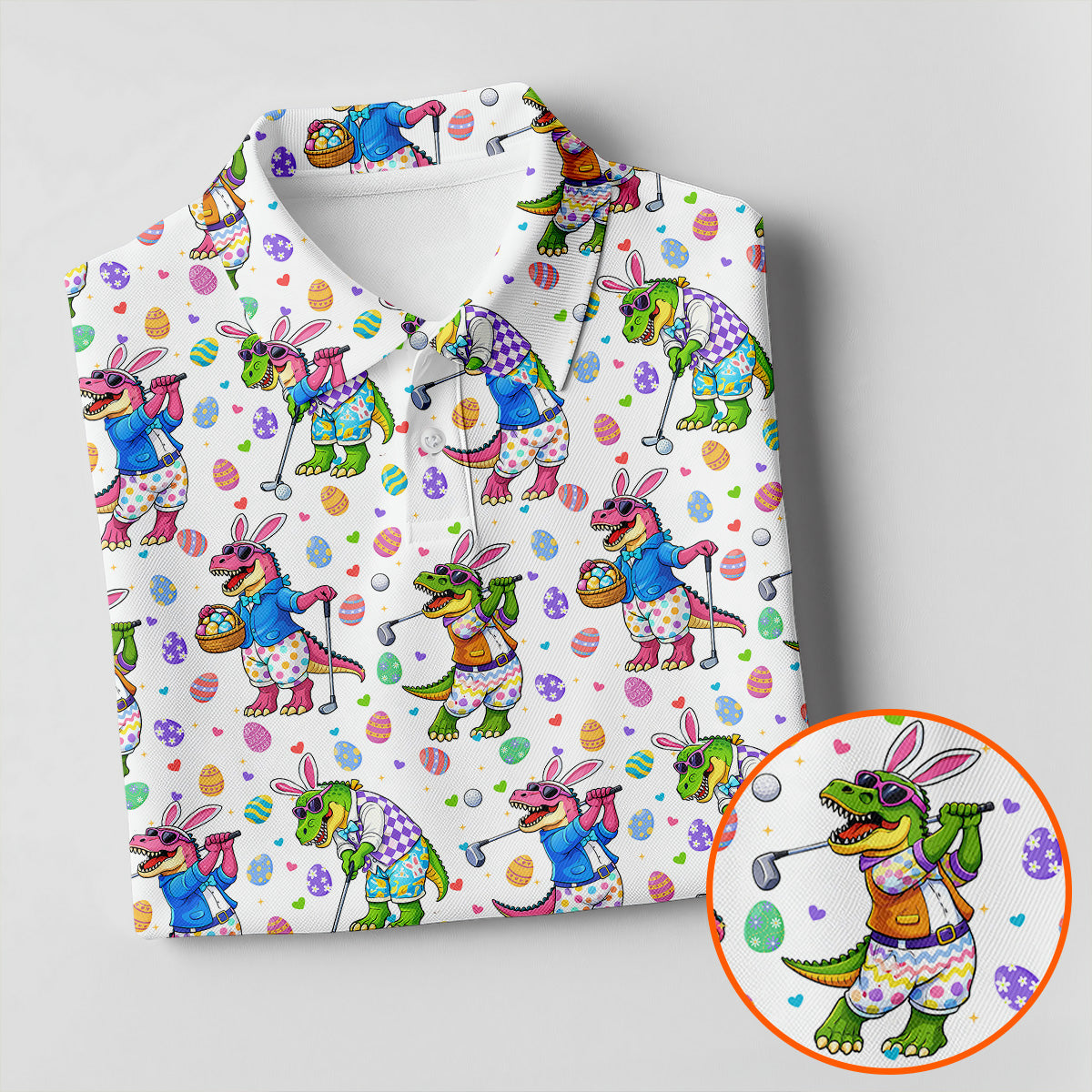 Easter Dinosaur Gradient Pattern Men's Funny Golf Shirts, Golf Shirts For Men, Polo Shirts For Men
