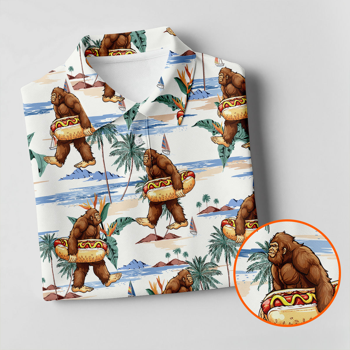 Bigfoot Hot Dog Beach Hawaiian Shirt, Mens Golf Polo, Hawaiian Golf Shirt, Golf Apparel For Men