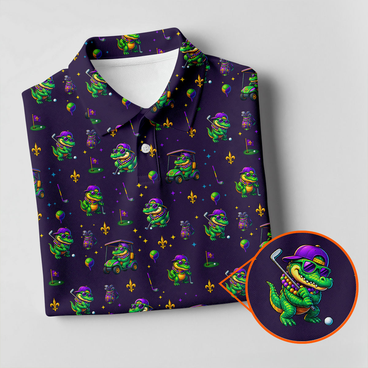Funny Crocodile Mardi Gras Golf Shirts, Purple Golf Shirt, Golf Gift For Men, Golf Shirts For Men