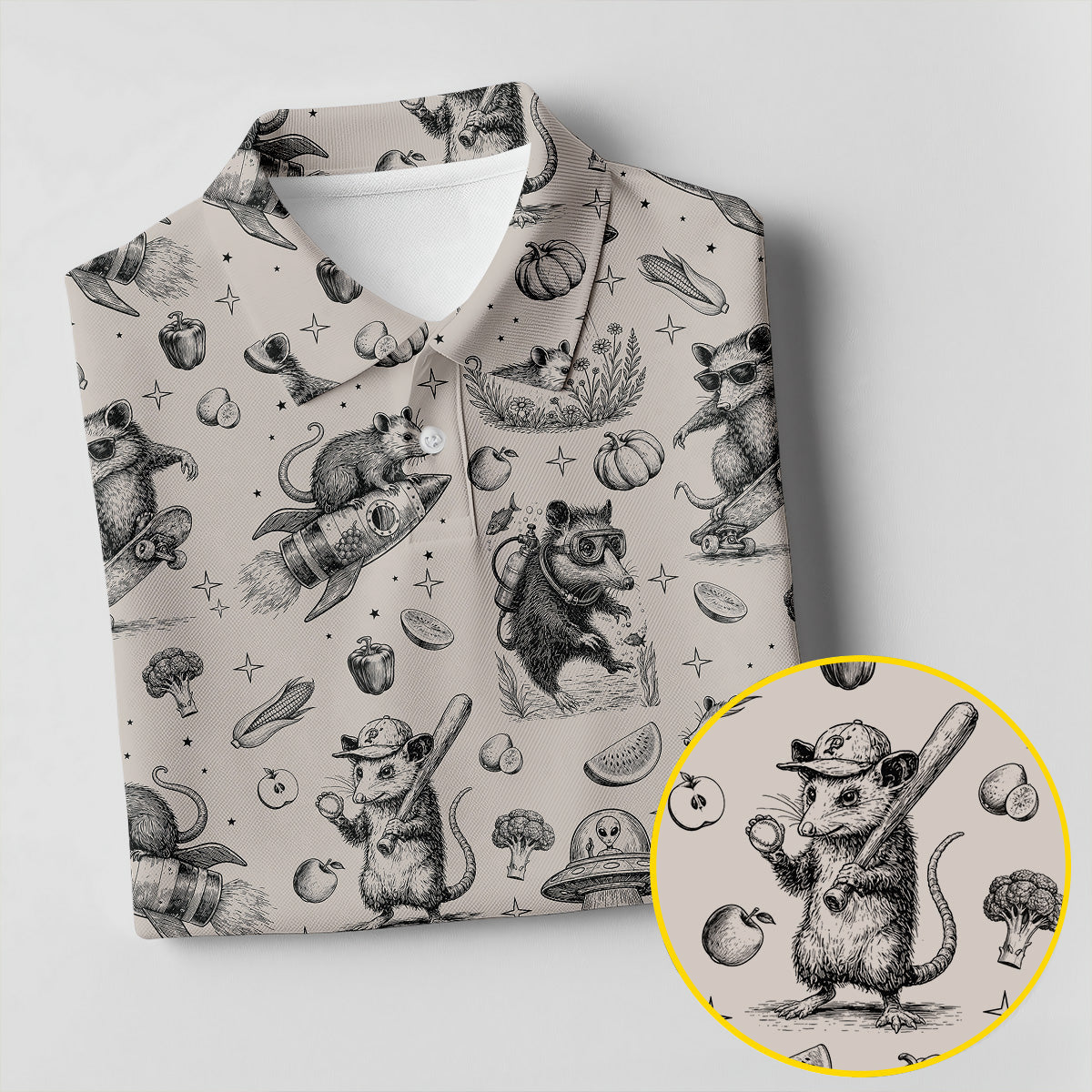 Mice and UFOs in a Fantasy Woodland Pattern Hawaiian Golf Polo, Golf Tops For Men, Golfing Apparel