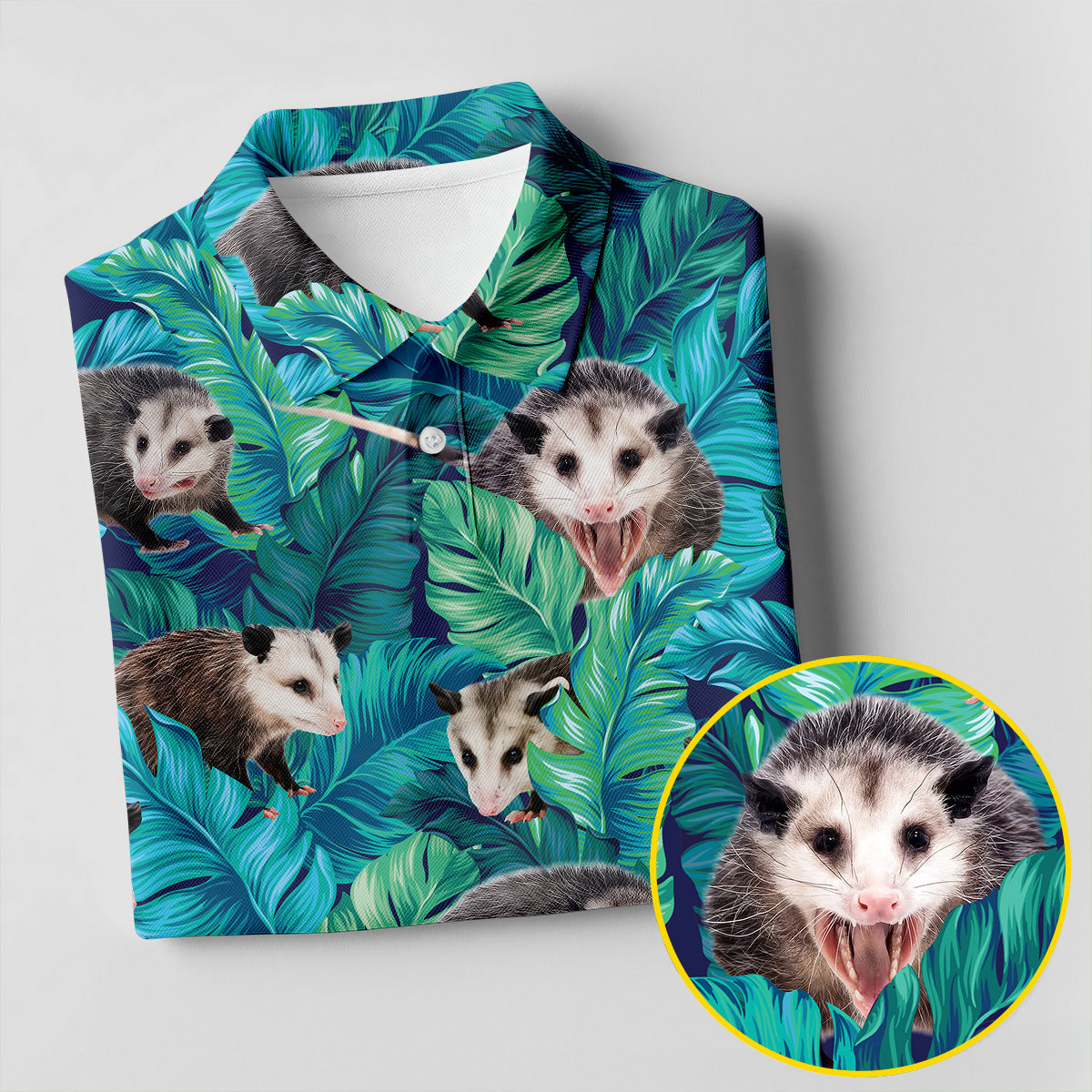 Playful Opossums Among Tropical Leaves Hawaiian Golf Polo, Golf Tops For Men, Golfing Apparel