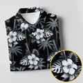 White Hibicus Black Hawaiian Golf Shirt, Tropical Summer Theme Golf Shirts For Men
