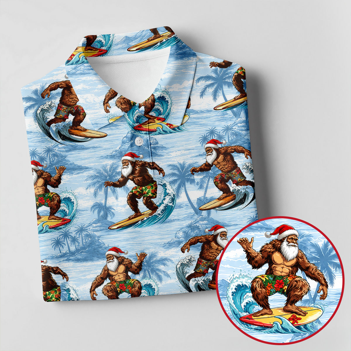 Funny Surfing Santa Bigfoot Christmas Polo Shirt, Womens Golf Polo, Hawaiian Golf Shirt