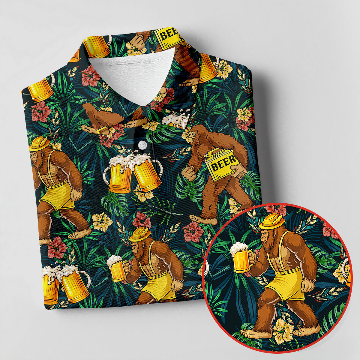 Funny Sasquatch Holding Beer Mugs Hawaiian Golf Polo, Golf Tops For Women, Golfing Apparel