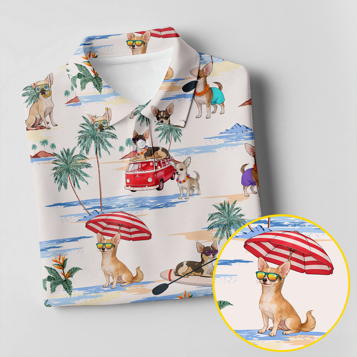 Summer Chihuahua Paradise Pattern Hawaiian Golf Polo, Golf Tops For Women, Golfing Apparel