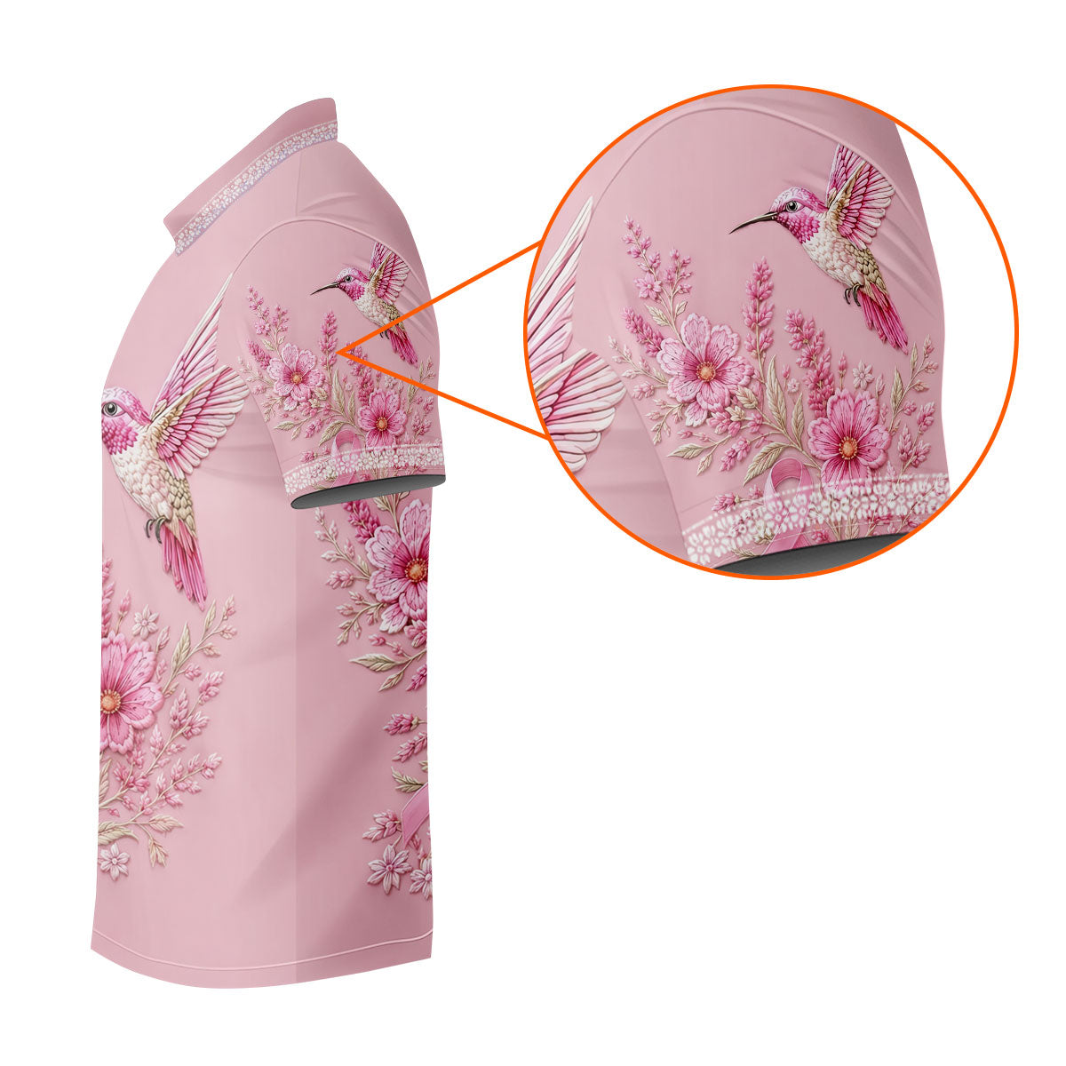 Hummingbird Floral Breast Cancer Ribbon Polo Shirt, Ladies Golf Tops, Golf Shirts For Women