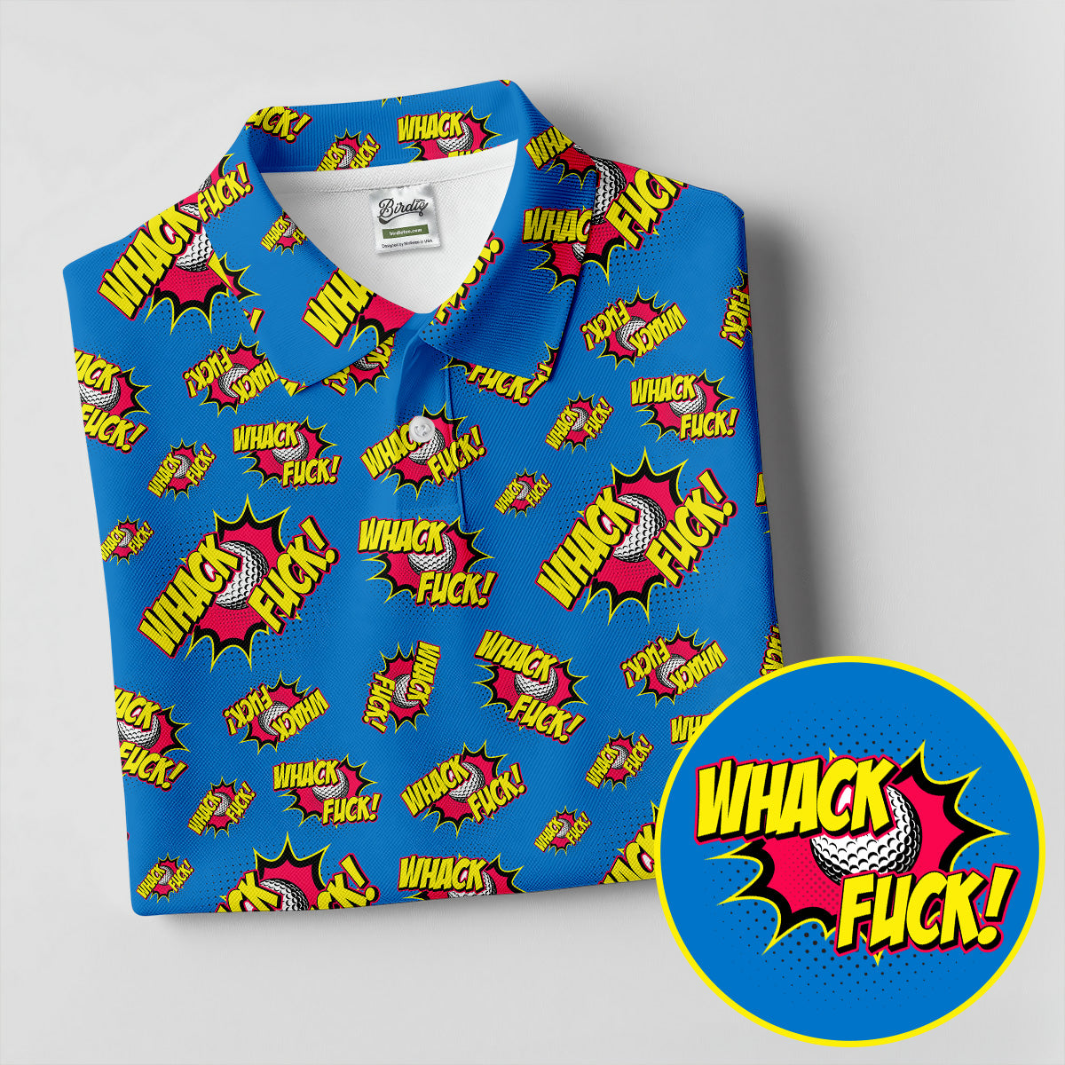 Whack F*ck Comic Golf Ball Pattern Golf Shirt, Men's Golf Shirt, Golf Apparel For Men