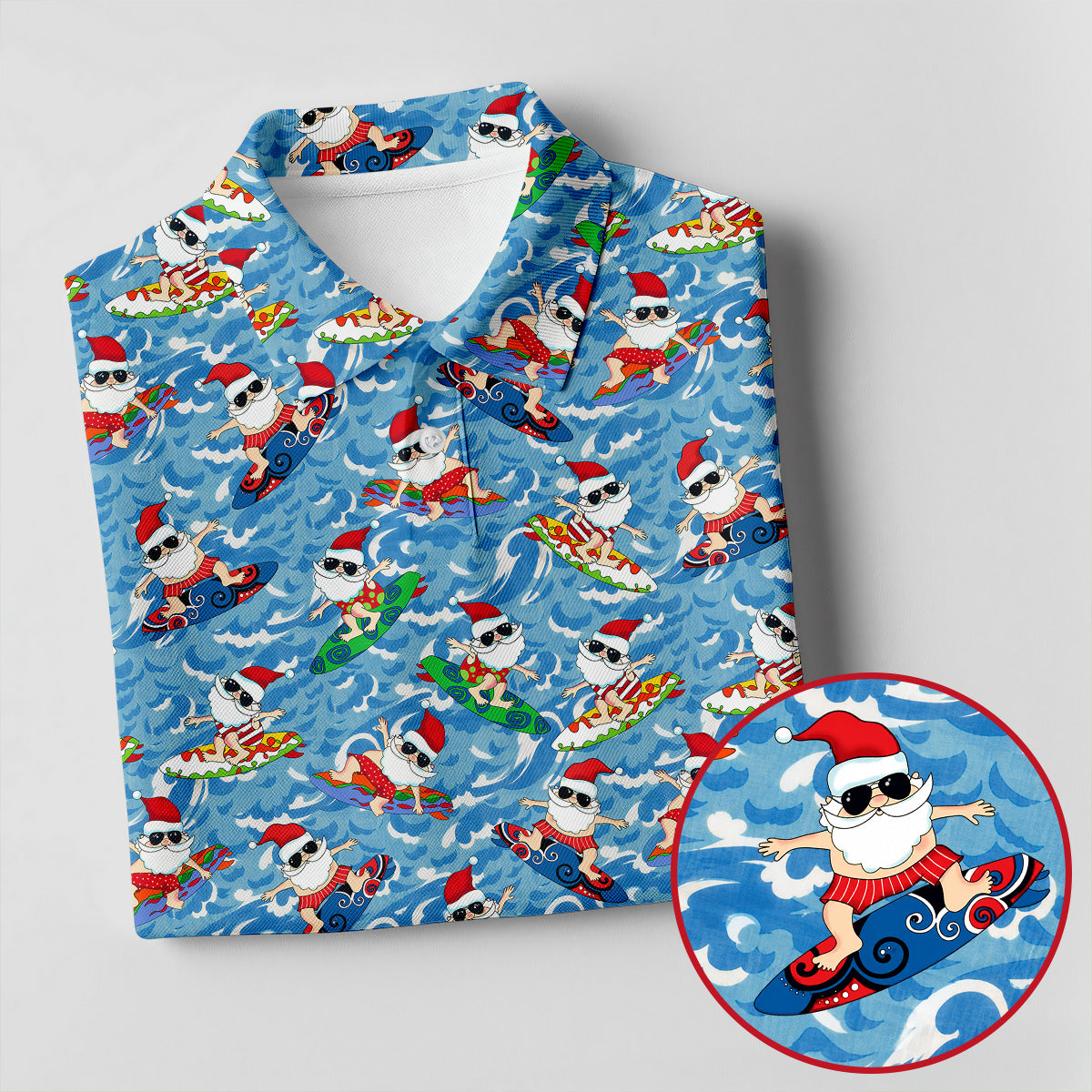 Surfing Santa Christmas Ocean Pattern Polo Shirt, Mens Golf Polo, Christmas Golf Shirt