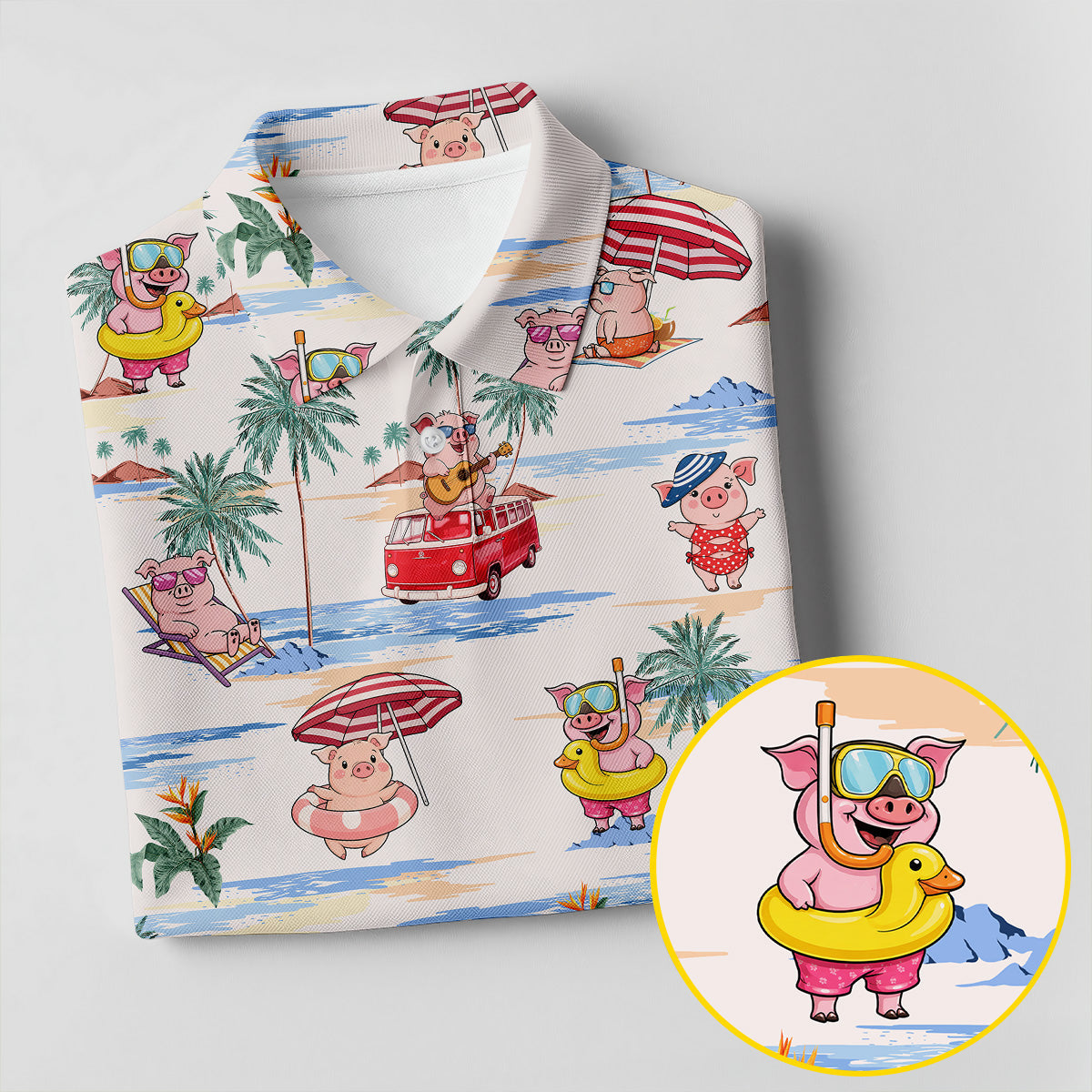Cute Pig Beach Adventure Hawaiian Golf Polo, Golf Tops For Women, Golfing Apparel