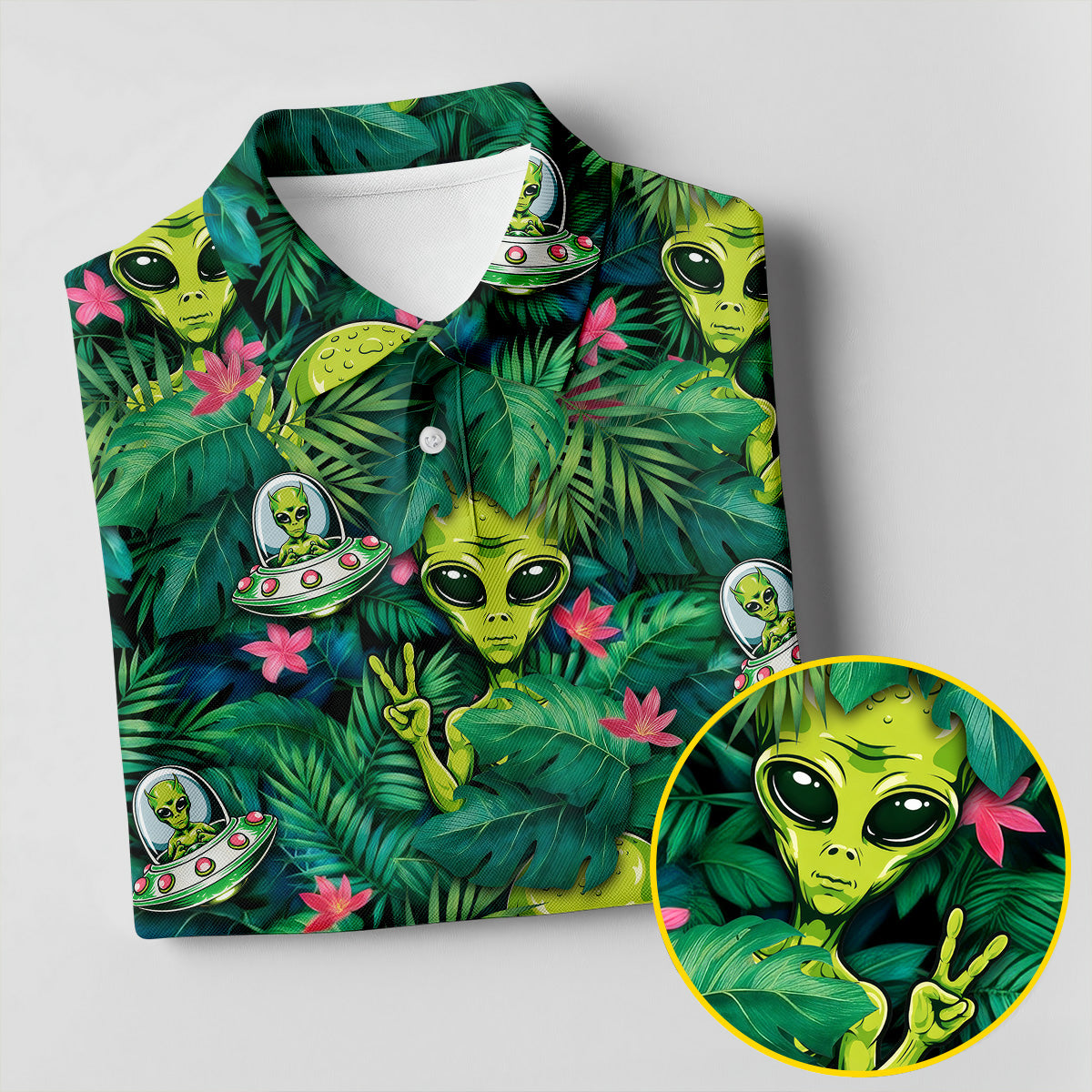 UFO and Alien Tropical Forest Hawaiian Golf Polo, Golf Tops For Men, Golfing Apparel