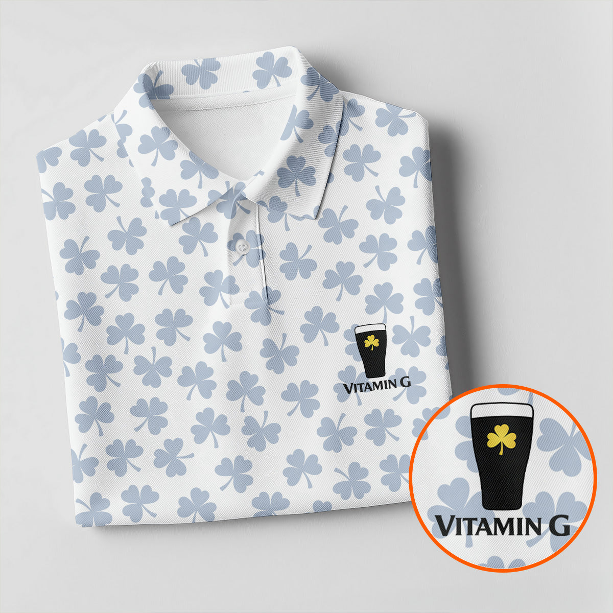 Vitamin G Shamrock Pattern Golf And Beer White Golf Shirt, St Patrick's Day Golf Shirt, Polo Shirts For Men