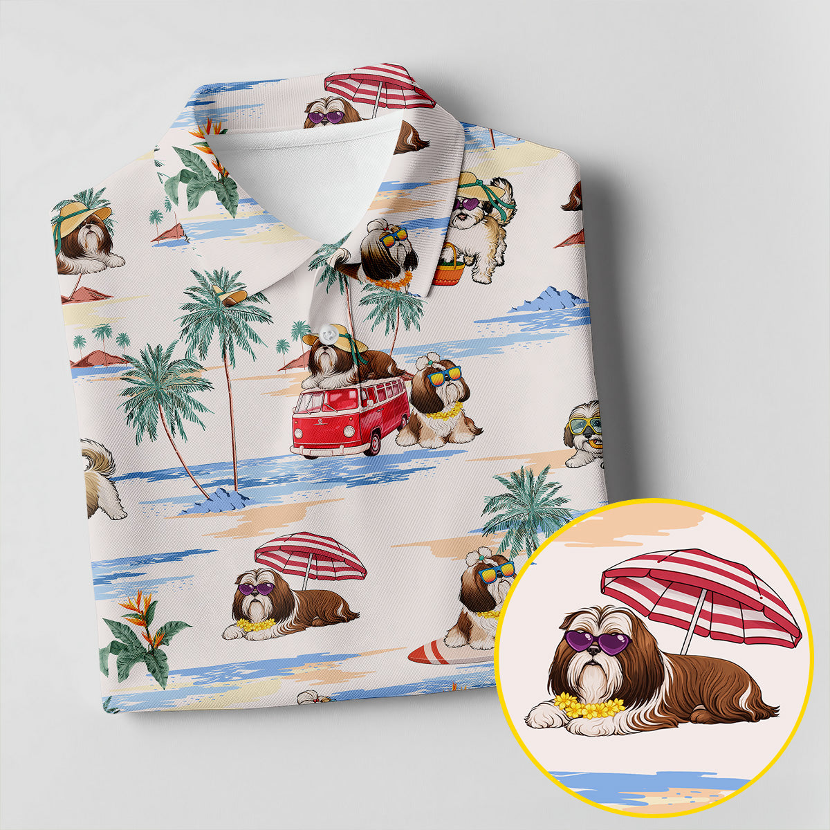 Beach Vacation Shih Tzu Print Hawaiian Golf Polo, Golf Tops For Men, Golfing Apparel