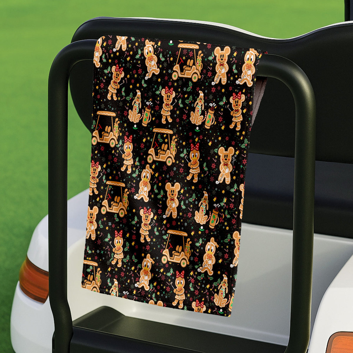Cartoon Gingerbread Black Golf Towel, Unique Gift For Golfer, Christmas Golf Gift, Golf Accessories