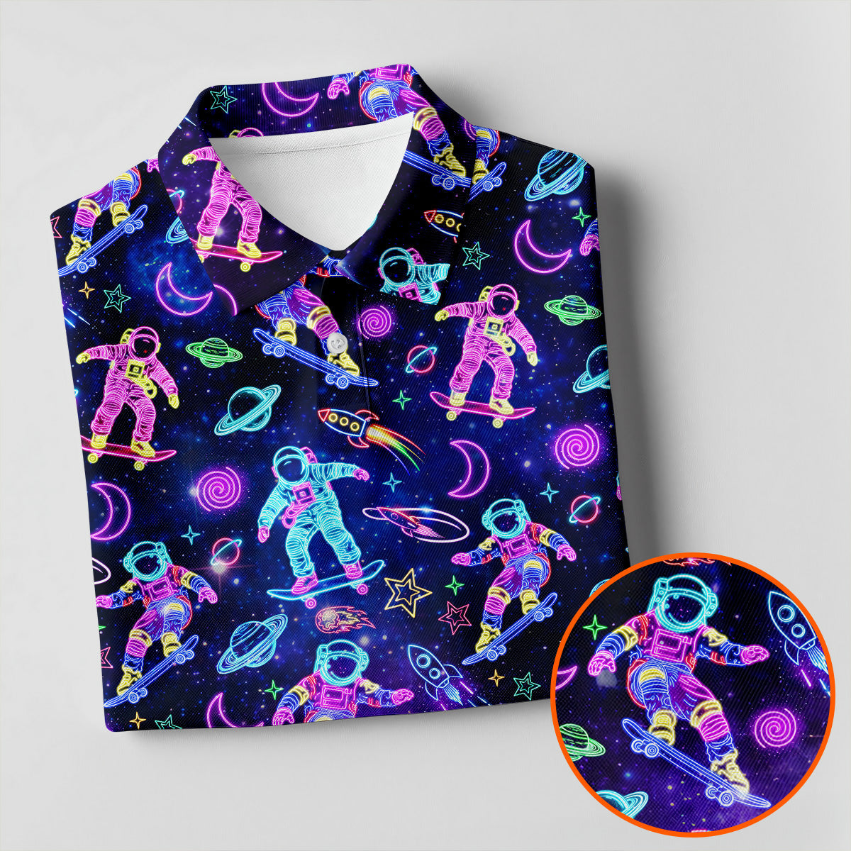 Neon Astronaut Skateboarding Galaxy Polo Shirt, Mens Golf Shirts, Golf Polo Shirts For Men, Printed Golf Shirts