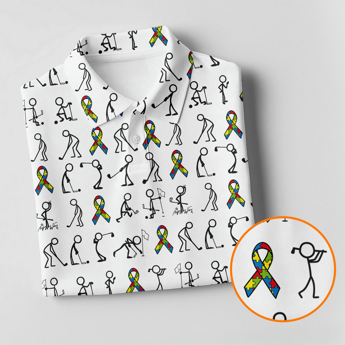Stick Figure Golf Pose Autism Ribbon White Golf Shirt, Autism Awareness Colors Golf Shirts For Men