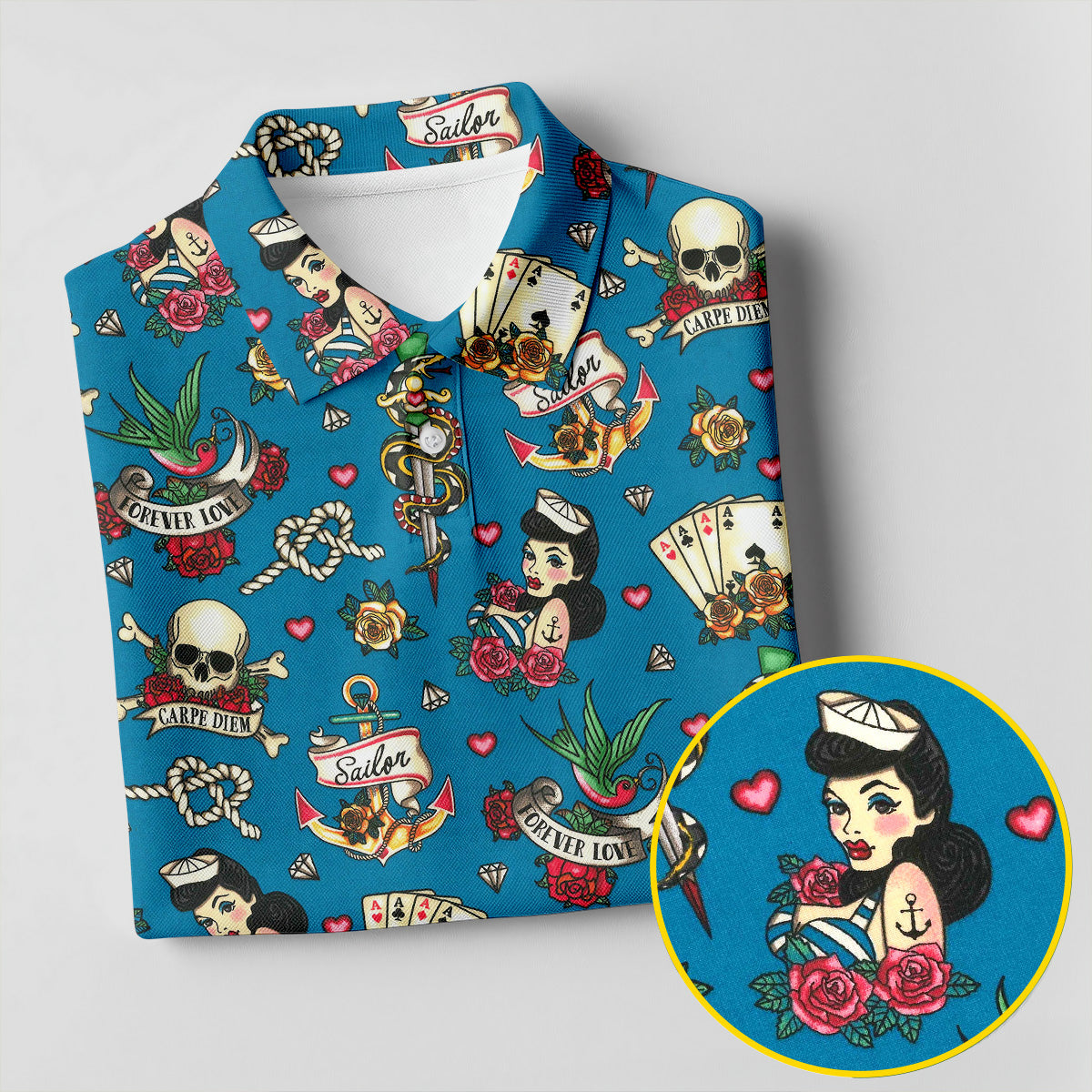 Tattoo Blue Sailor Tattoo Flash Pattern Hawaiian Golf Shirt, Women's Golf Tops, Ladies Golf Shirts