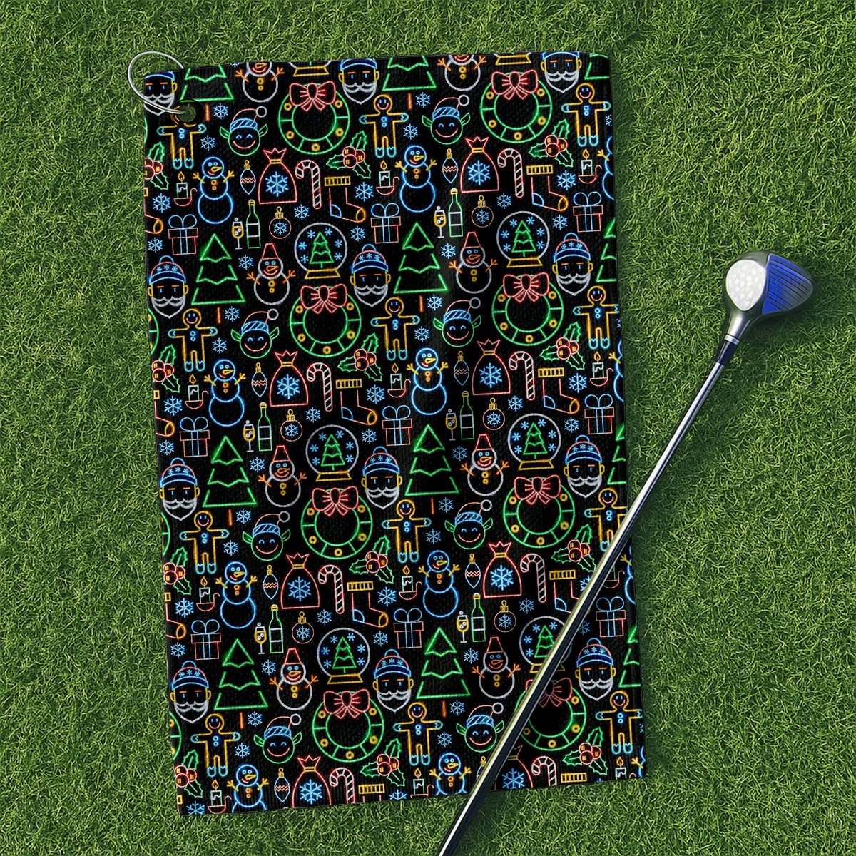 Neon Christmas Retro Style Golf Towels, Christmas Golf Gift, Gifts For Golf Lovers