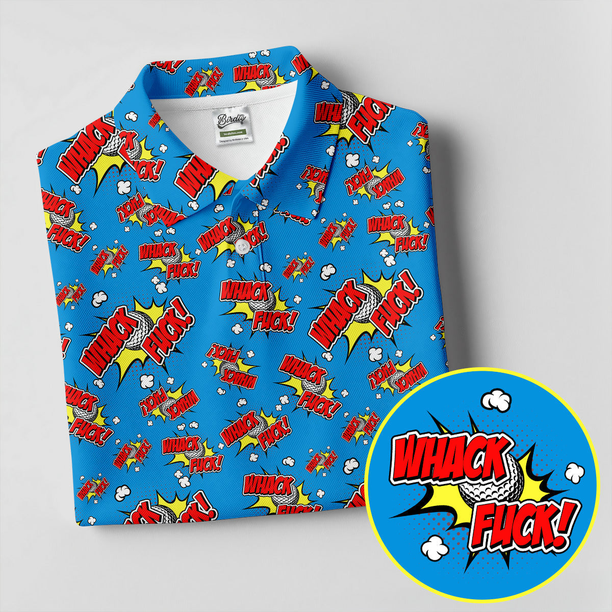 Funny Whack F*ck Comic Golf Ball Blue Polo Shirt, Mens Golf Polo, Golf Apparel For Men