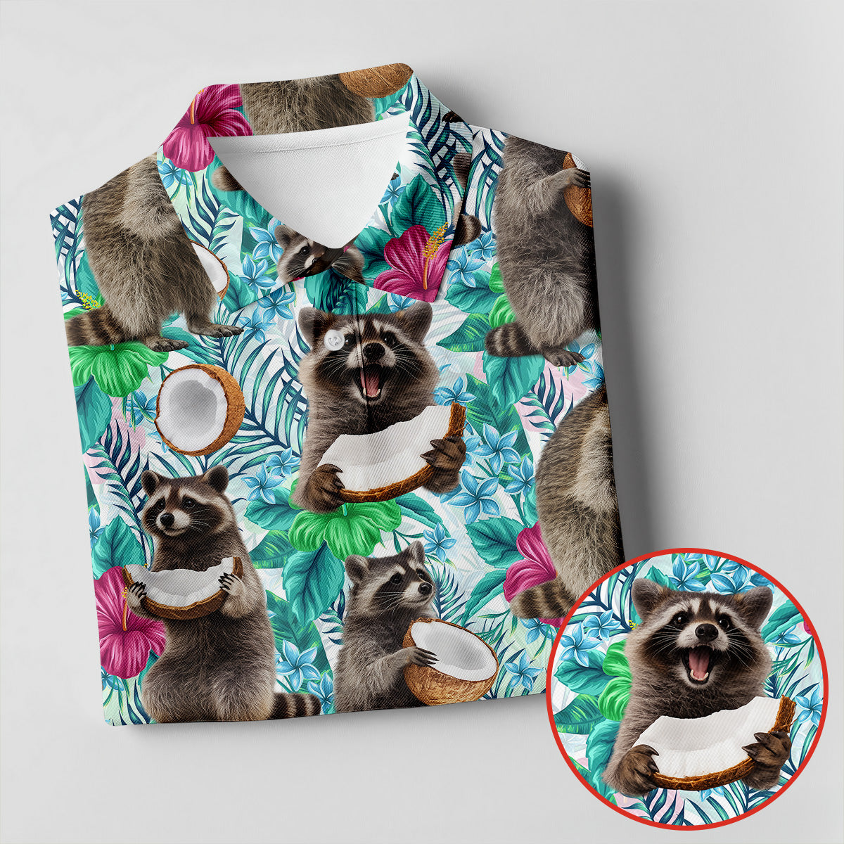 Funny Raccoons Enjoying Coconuts Design Hawaiian Golf Polo, Golf Tops For Women, Golfing Apparel