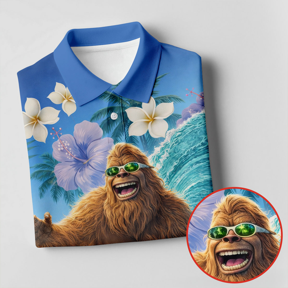 Surfing Bigfoot Riding Ocean Waves Design Hawaiian Golf Polo, Golf Tops For Men, Golfing Apparel