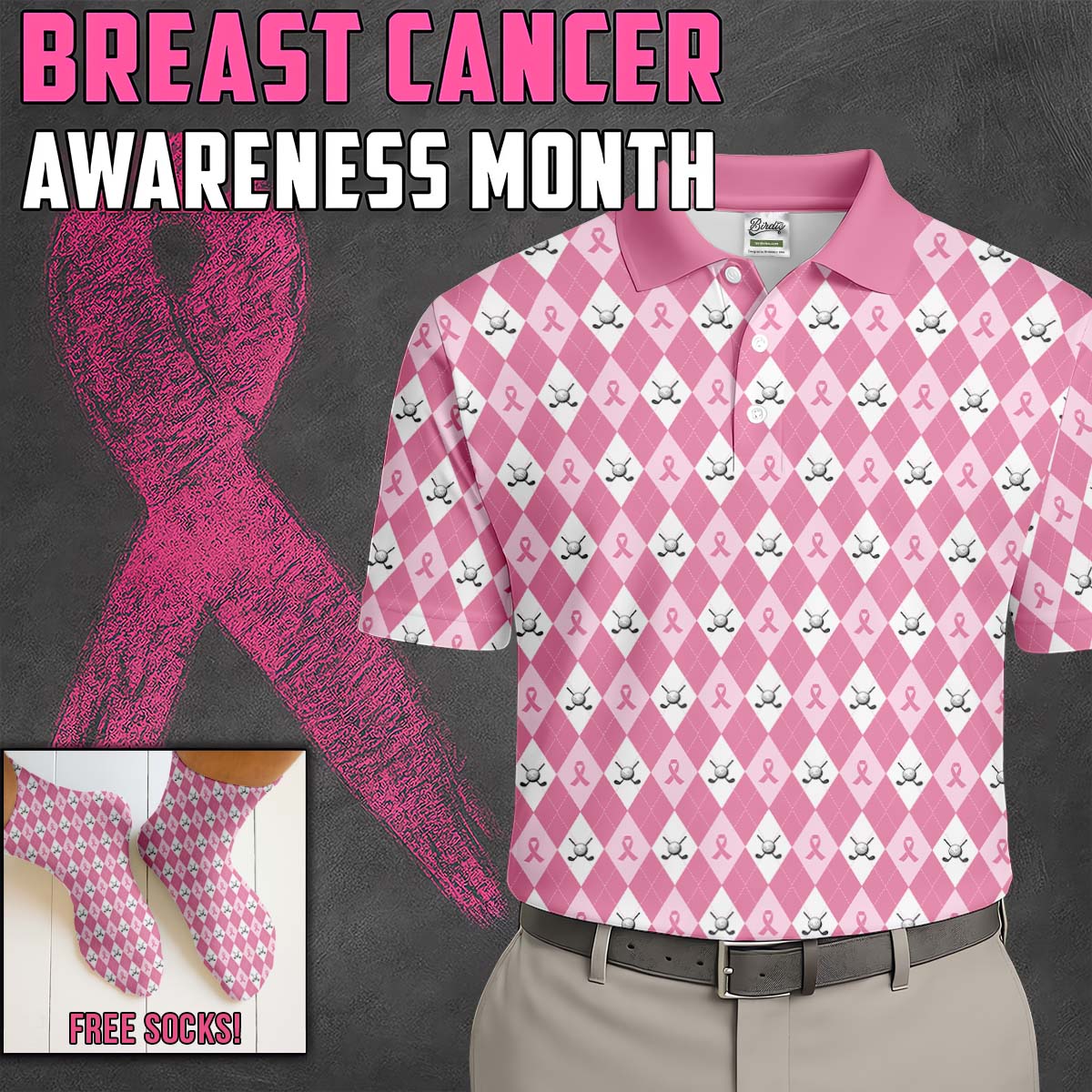 Pink Argyle Men's Golf Shirt With Socks Free, Breast Cancer Awareness Gift