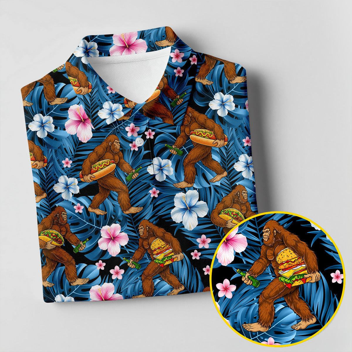Tropical Bigfoot Burger Party Pattern Hawaiian Golf Polo, Golf Tops For Men, Golfing Apparel