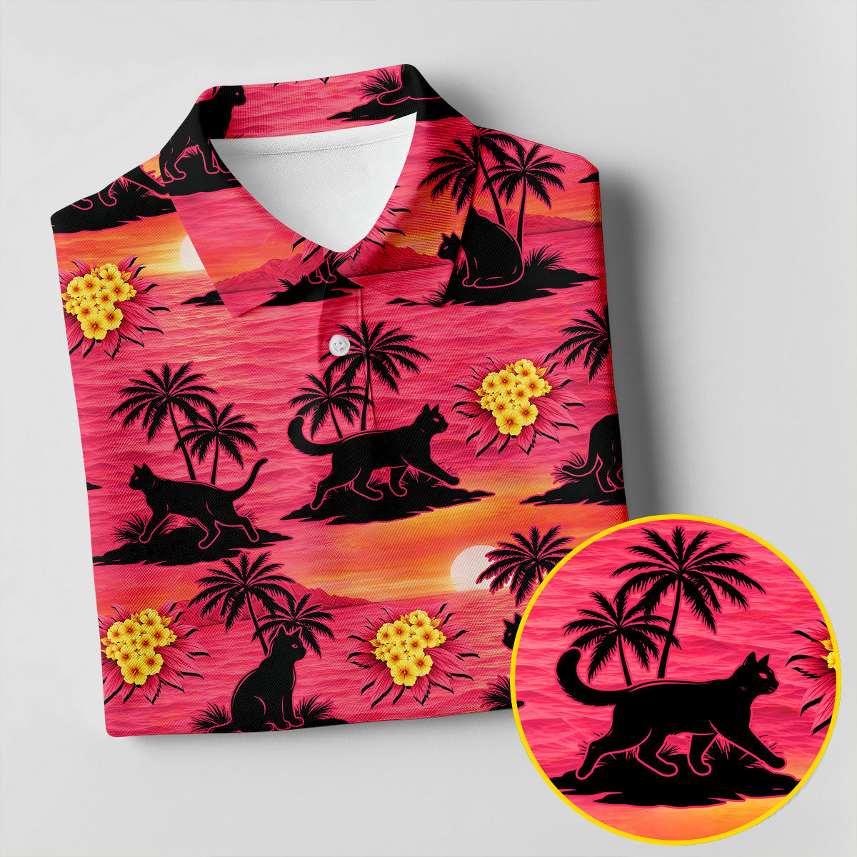 Tropical Cat Sunset Pattern Hawaiian Golf Polo, Golf Tops For Women, Golfing Apparel