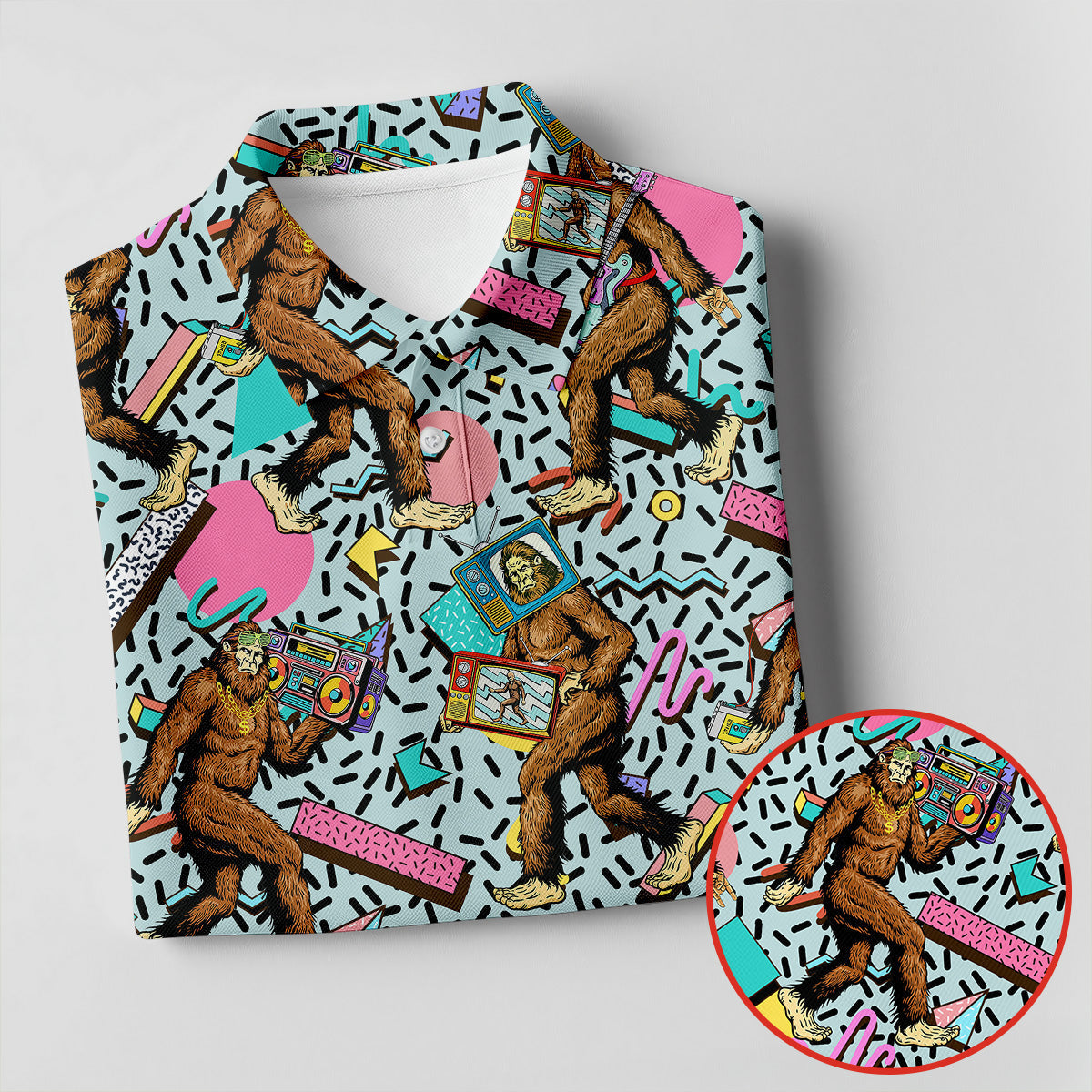Bigfoot Pop Culture Pattern with Retro TV Sets Design Design Hawaiian Golf Polo, Golf Tops For Men, Golfing Apparel