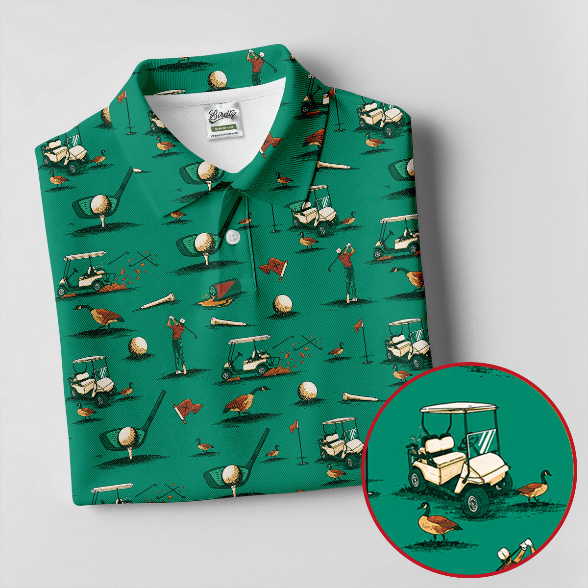 Funny Goose Golf Cart Pattern Green Polo Shirt, Men's Golf Shirt, Mens Golf Apparel