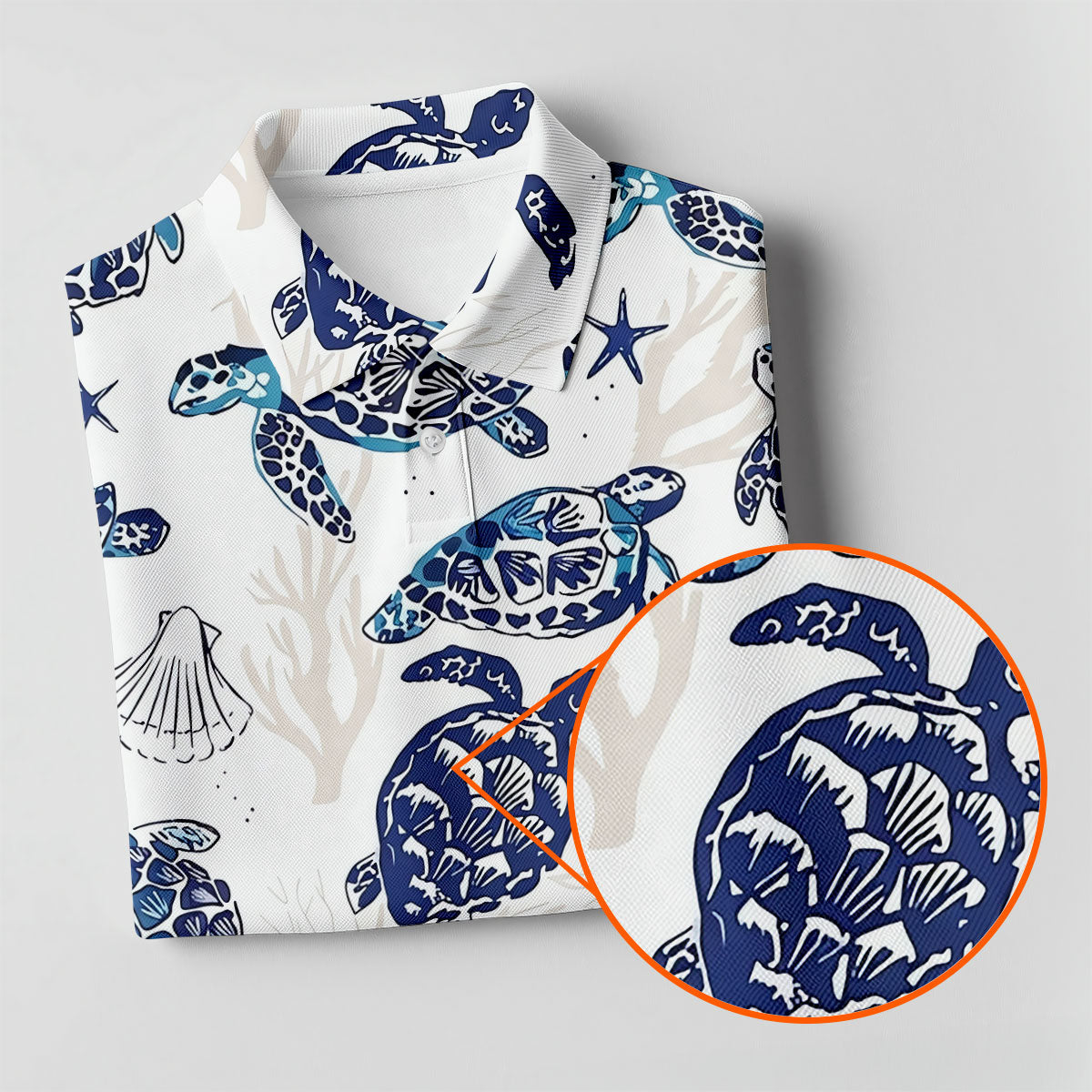 Sea Turtle, Starfish, Seashells and Coral Reef Art Hawaiian Golf Polo, Golf Tops For Men, Golfing Apparel