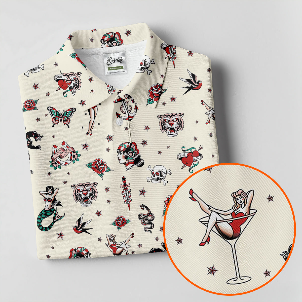 Old School Tattoo Flash Pattern Golf Polo Shirt, Men's Golf Shirt, Printed Golf Shirts