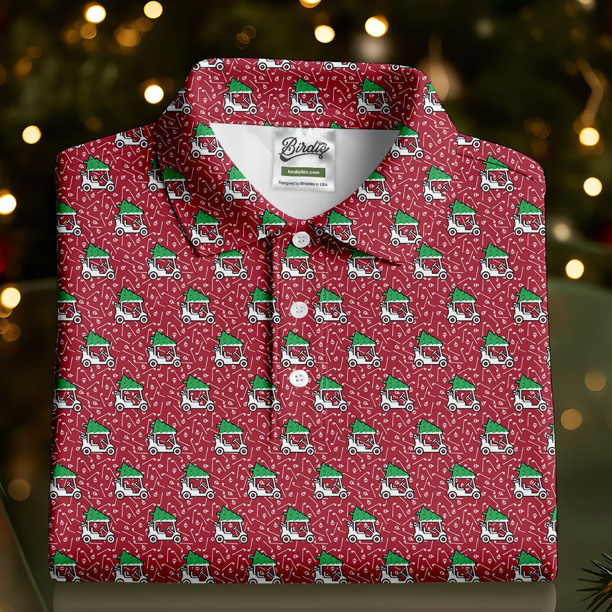 Christmas Golf Cart Pattern Red Women's Golf Tops, Christmas Golf Shirt, Polo Shirts For Women