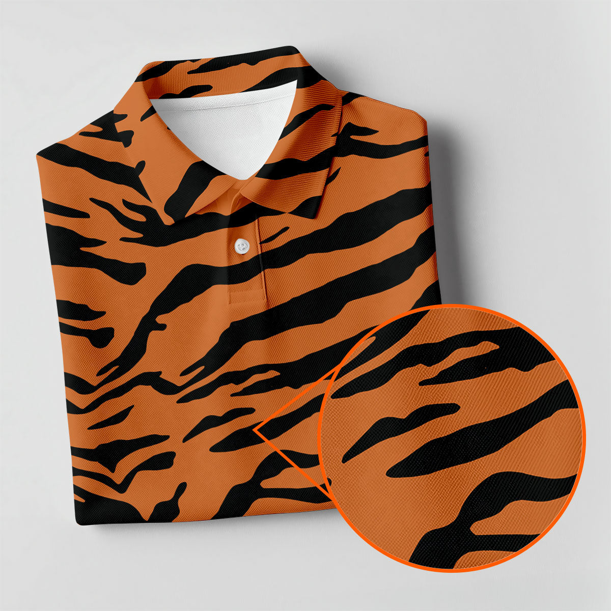 Bold Orange Black Tiger Stripe Animal Print Golf Shirt, Mens Golf Shirts, Golf Apparel For Men