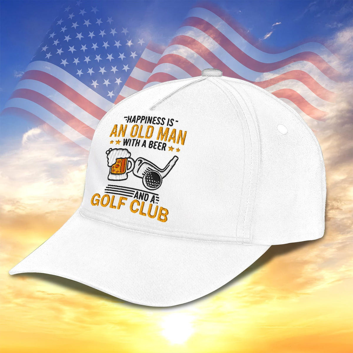 Happiness Is An Old Man With A Beer And A Golf Club Embroidered Baseball Cap, Golf Hat, Dad Golf Gift