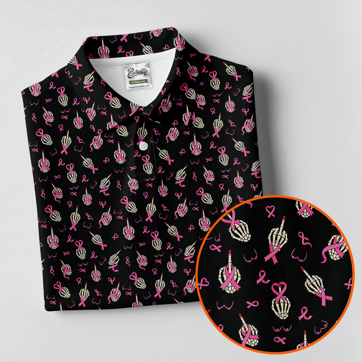 Skeleton Middle Finger Breast Cancer Polo Shirt, Women’s Golf Apparel, Ladies Golf Top