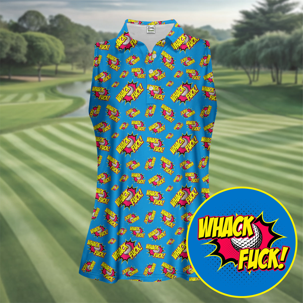 Whack F*ck Comic Golf Ball Pattern Golf Shirt, Women's Golf Tops, Golf Shirts For Women