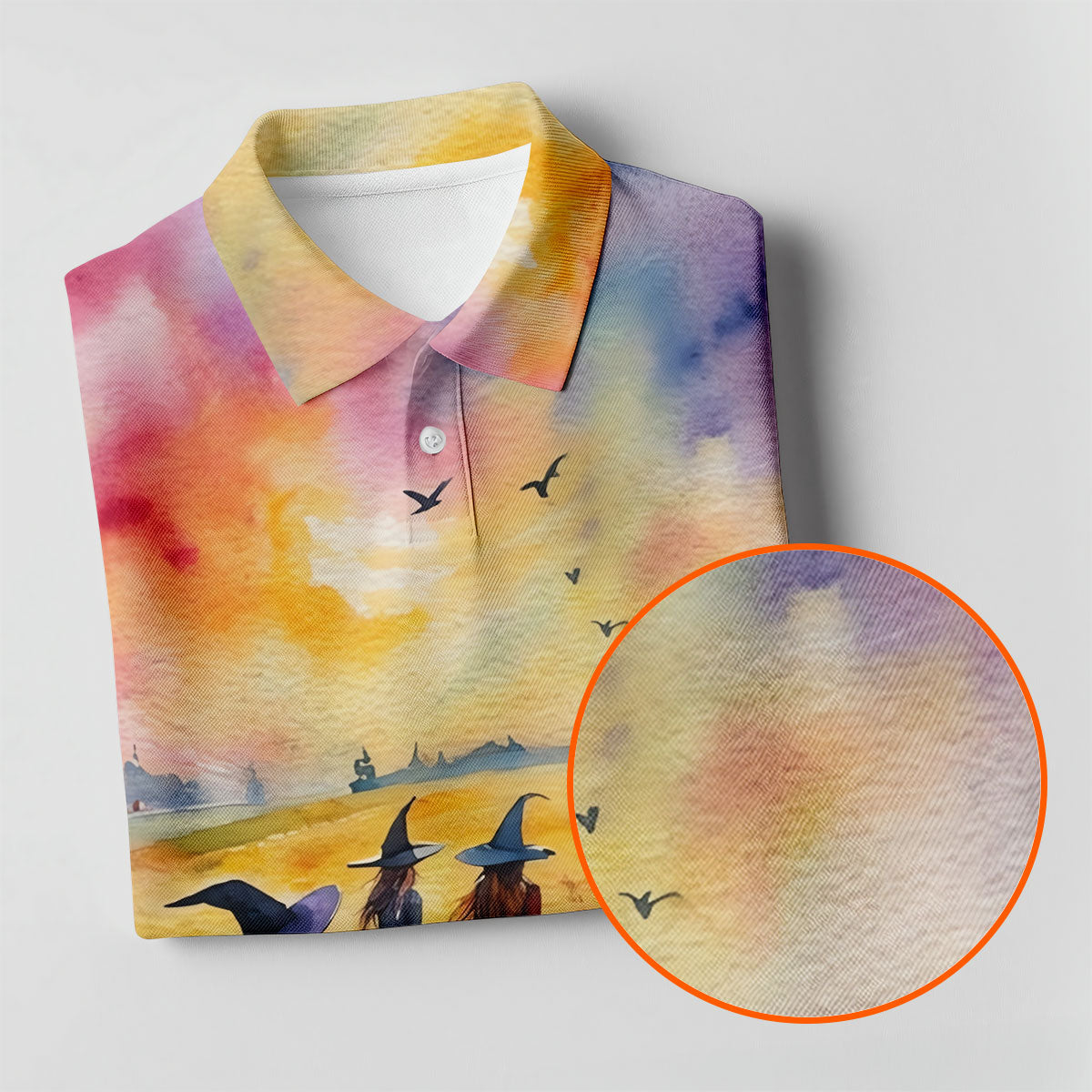 Watercolor Witch Gathering Halloween Golf Polo Shirt, Printed Golf Shirts, Golf Polo Shirts For Men