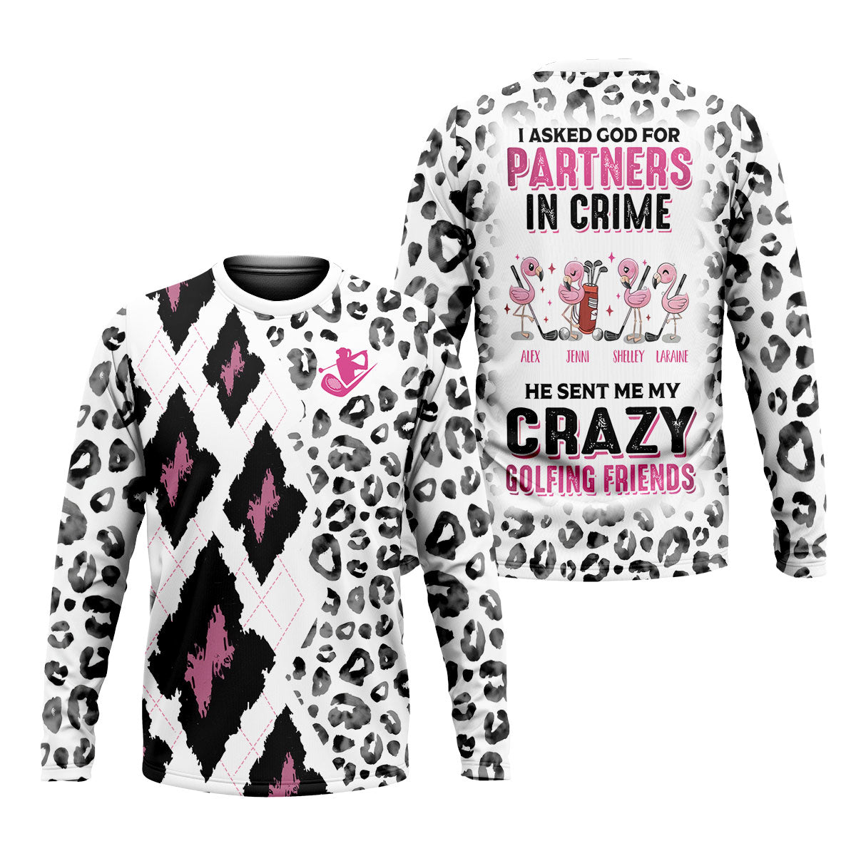 I Asked God For Partners In Crime He Sent Me My Crazy Golfing Friends Leopard Print Golf Shirt, Fun Womens Golf Shirts