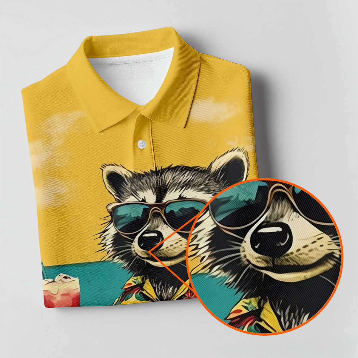 Cool Raccoon Tropical Yellow Hawaiian Golf Polo, Golf Tops For Women, Golfing Apparel