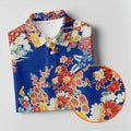 Royal Blue Japanese Floral Pattern Golf Shirt, Mens Golf Apparel, Printed Golf Shirts